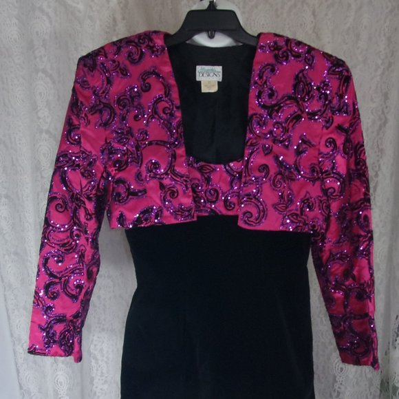 J Reynolds Atlanta Vintage Evening Jacket Dress Black Velvet Hot Pink Satin - Picture 1 of 4